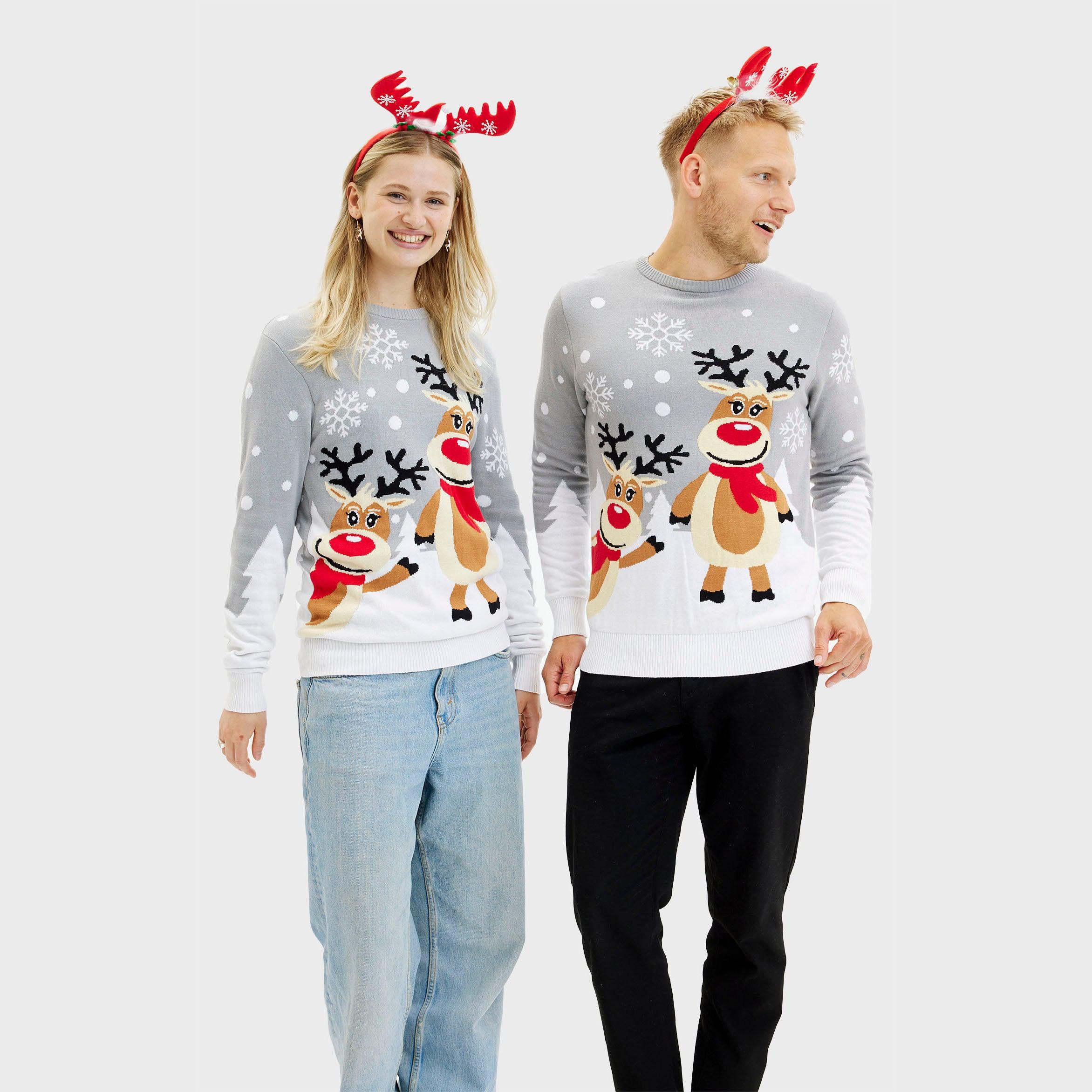 Grau-weißer Weihnachtspullover mit Rentier-Motiv für Damen und Herren, Baumwolle, nachhaltig.